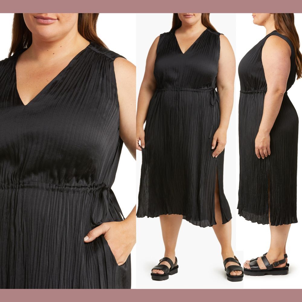 NWT $425 VINCE [ PLUS 1X ] V Neck Side Tie Plissé Dress in Black‎ #Q884